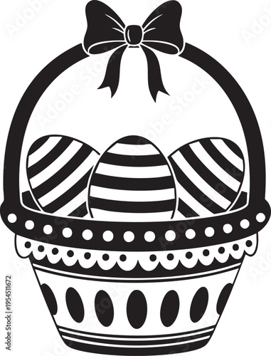 A black and white illustration of a decorated Easter basket with eggs
