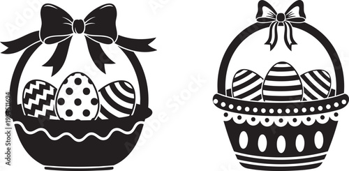 A black and white illustration of Easter baskets with decorated eggs