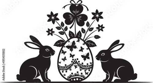 A black and white illustration of two rabbits and an Easter egg