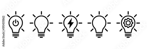 Light bulb icon set, innovation and solution symbols, visualization creative thinking, process generating idea