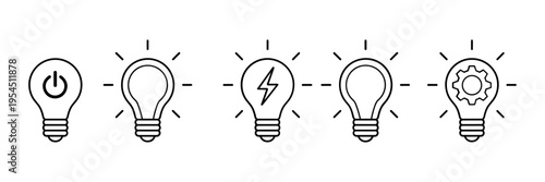 Light bulb icon set, innovation and solution symbols, visualization creative thinking, process generating idea