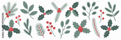 Set of festive winter vector plants. Decorative collection of holly, mistletoe, pine branches, and red berries for Christmas, holiday, and seasonal greeting card design.