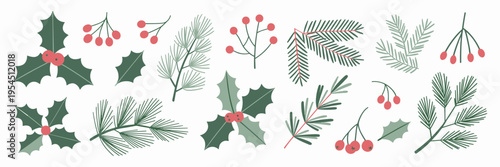 Set of festive winter vector plants. Decorative collection of holly, mistletoe, pine branches, and red berries for Christmas, holiday, and seasonal greeting card design.
