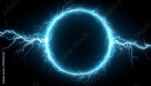 Blue lightning in an abstract circular form on a black backdrop, exuding magical roundness
