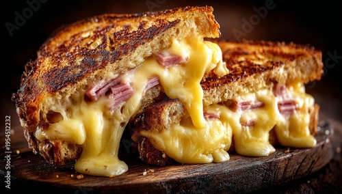 We must produce exactly five lines, each a rephrasing of the original sentence: ‘Hot croque monsieur, French ham and grilled cheese sandwich on wooden board. Fast food. Tasty snack