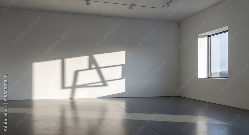 Fototapeta premium Empty modern art gallery room with geometric sunlight shadow on white wall