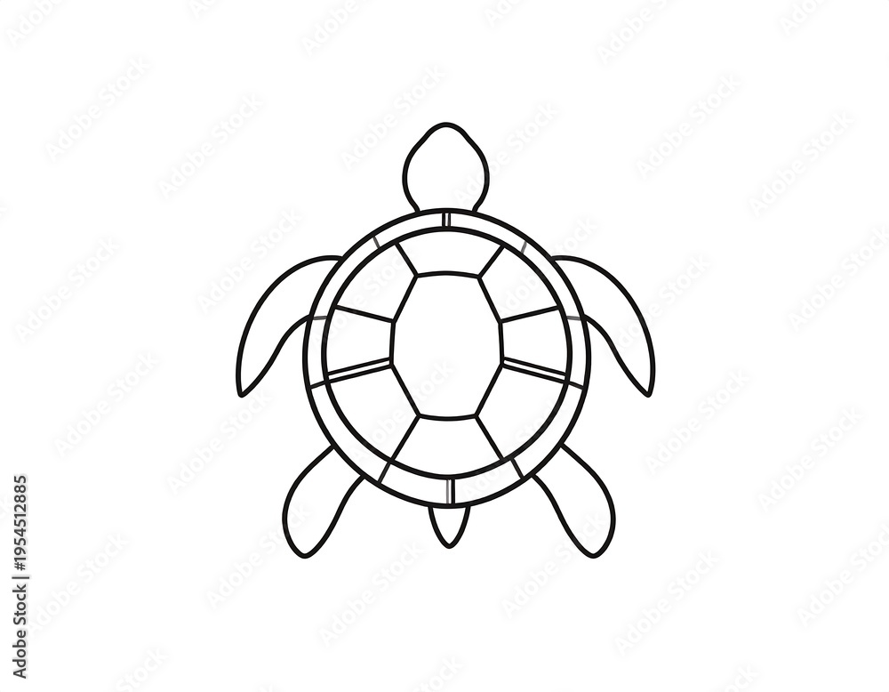 Obraz premium Black outline image of a turtle seen from above, showcasing its shell, head, and flippers on a plain white background