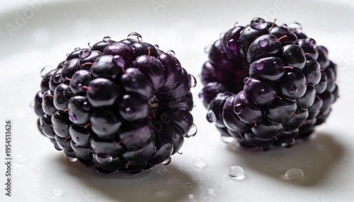 Close-up of two wet blackberries on a white plate with water droplets, showcasing their texture and purple color