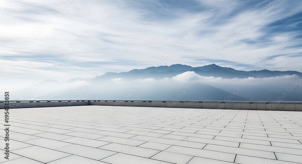 Fototapeta premium Empty concrete rooftop terrace overlooking a misty mountain range under a cloudy sky