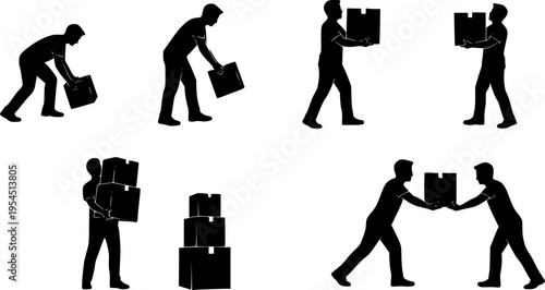 set of Man carrying and picking a box in various poses, postures, and positions black vector on a white background.