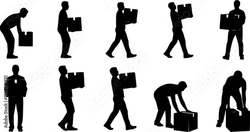 set of Man carrying and picking a box in various poses, postures, and positions black vector on a white background.