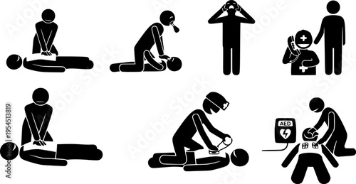  set of First aid response for cardiac arrest emergency treatment procedures stick figure icons. Vector illustrations of CPR rescue procedures and how to help an unconscious patient with heart attack 