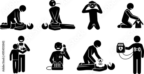  set of First aid response for cardiac arrest emergency treatment procedures stick figure icons. Vector illustrations of CPR rescue procedures and how to help an unconscious patient with heart attack 