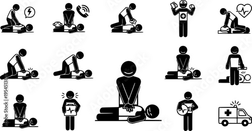  set of First aid response for cardiac arrest emergency treatment procedures stick figure icons. Vector illustrations of CPR rescue procedures and how to help an unconscious patient with heart attack 