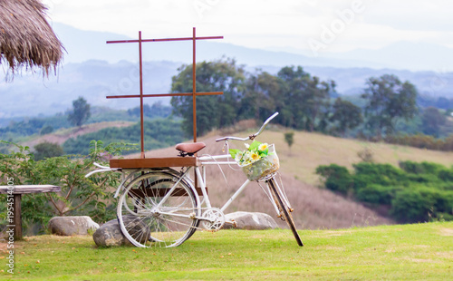 A white bicycle in a forest with beautiful mountain scenery; stunning mountain views and lush green valleys.