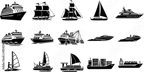  set of List of different type of water transportation, ships, and boats icon set. Artwork of cruise, brig, sailboat, yacht ferry, trawler, speedboat, jet ski, windsurfer, pontoon, container ship, and