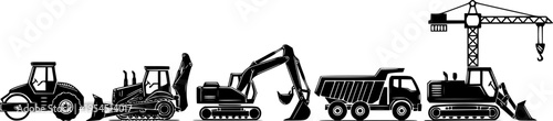 set of List of construction vehicles, tractors, and heavy machinery icons. Sideview artwork of construction and industrial vehicles, road roller, bulldozer, backhoe, excavator, dump truck, and crane b
