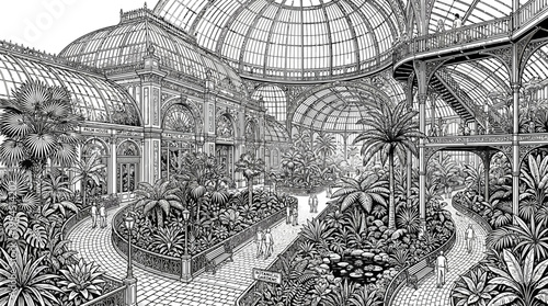 Intricate black and white illustration of a grand Victorian-style glass conservatory with lush tropical plants and detailed architecture.