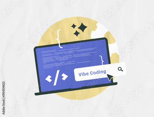 AI vibe coding - prompt driven code discovery workflow with developer querying programming snippets.Automation suggestions improving creative vibe coding process trendy paper collage illustration