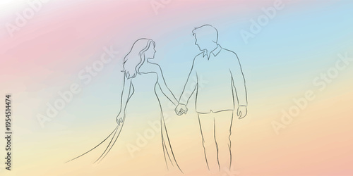 Couple Holding Hands Silhouette Illustration.
