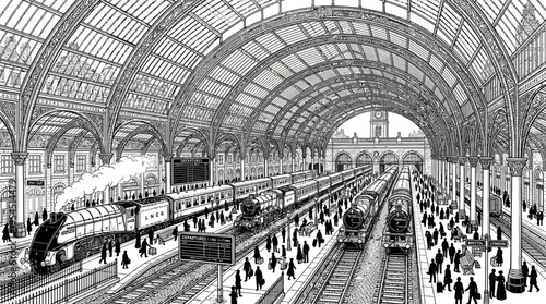 Grand historic train station interior with classic architecture, trains on tracks, and bustling passengers in a detailed black and white illustration.