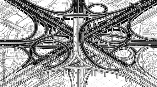 Complex multi-level highway interchange. Intricate urban road network, modern transport infrastructure with bridges and ramps.