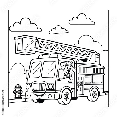 Cartoon illustration of a fire truck with a smiling dog driver clouds and a fire hydrant