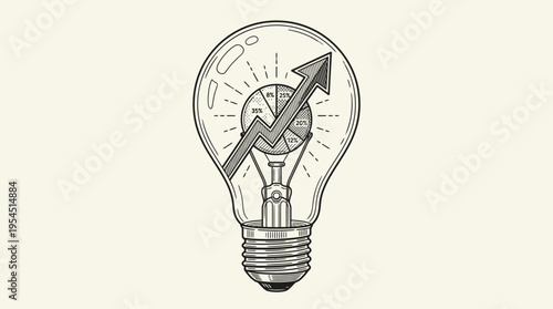 Strategic Business Growth Idea: Hand-drawn Lightbulb with Upward Arrow Graph, Pie Chart & Data Analysis