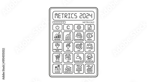 Line art illustration of a business metrics calculator with a 2024 display, featuring icons for data analytics, strategy, finance, and growth.