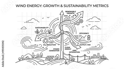 Wind energy growth and sustainability metrics infographic. Line art illustration of renewable power generation, efficiency, and environmental impact.