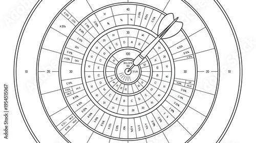 Monochrome line art illustration of a dartboard with a dart, symbolizing accuracy, goal achievement, and success concept.