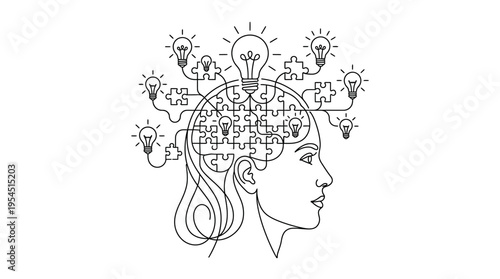Creative thinking process concept with human head, interconnected gears, and light bulbs illustrating ideas, innovation, and problem-solving. Outline vector illustration.