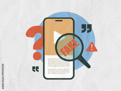 AI misinformation detection, video content verification with fake media flagging warning indicators. Text and video analysis for trust control in social platforms, trendy halftone collage illustration