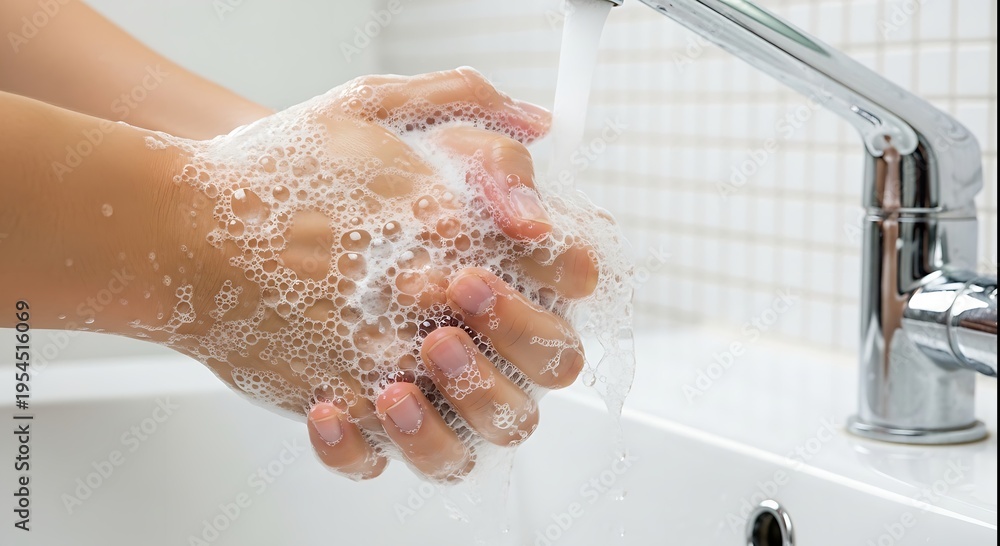 Fototapeta premium Hands Washing Under Running Water in Sink.
