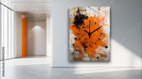 Abstract wall clock featuring contemporary design, textured paint splashes in dynamic orange and black colors, clean space