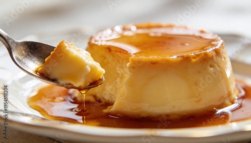 Close-up of a creamy flan dessert on a white plate with caramel sauce and a spoonful being lifted, against a blurred background