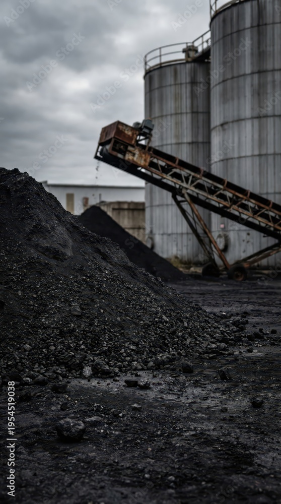 Obraz premium Industrial coal production scene with conveyor and storage facilities