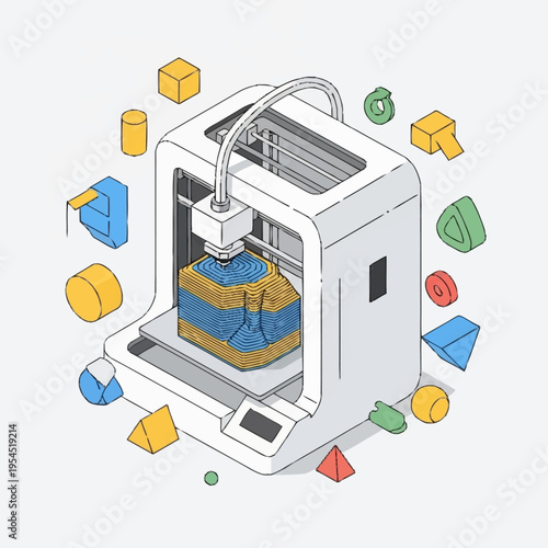 Isometric 3D printer creating a multi-layered object with geometric shapes around it.