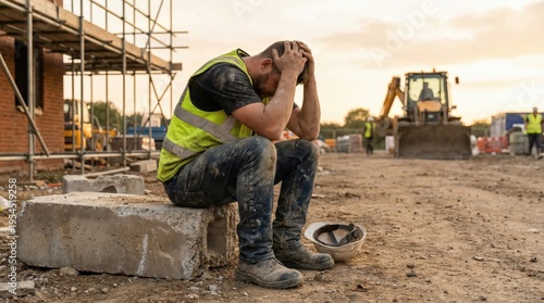 Exhausted construction worker at sunset on a building site. International workers day. Labour day