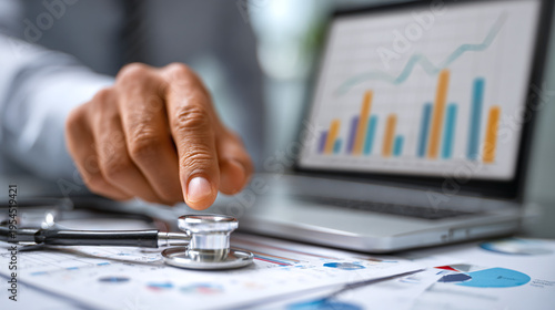 executive pointing at healthcare business analytics dashboard with medical reports and clinic management paperwork nearby