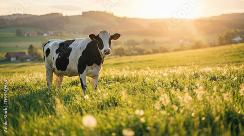 Cow grazing peacefully in green field concept. A cow grazes peacefully in a sunlit green meadow at sunset.