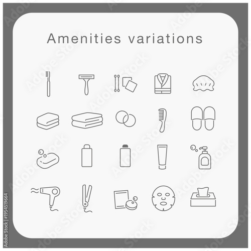 宿泊施設アメニティ 線画アイコンセット（グレー・ミニマル・ビジネス用途向け）
