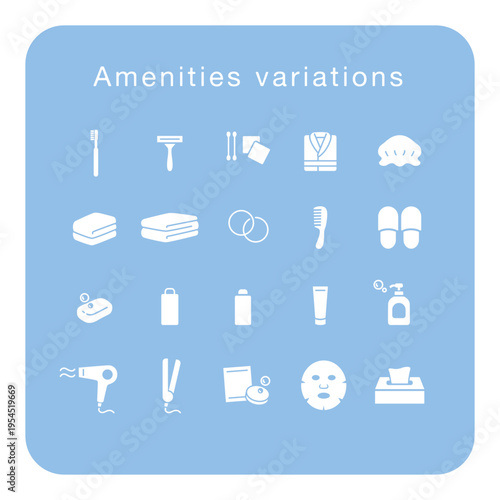 ホテル・宿泊施設のアメニティ一覧 フラットシルエットアイコンセット（シンプル・白塗り）