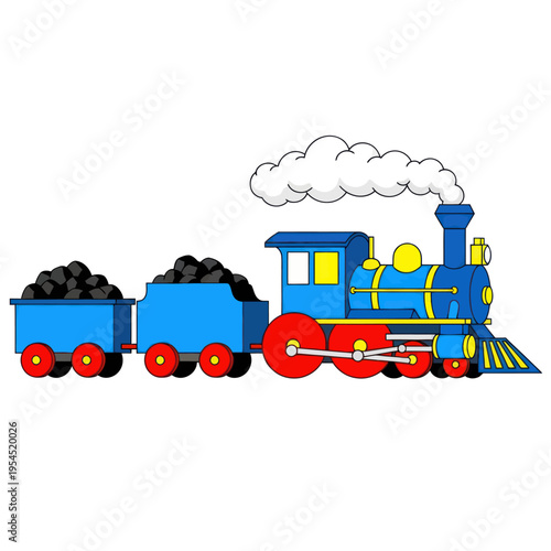 Blue Cartoon Steam Train with Coal Car Illustration.