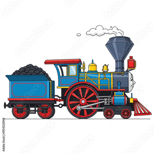 Blue Cartoon Steam Train with Red Wheels and Coal Car.
