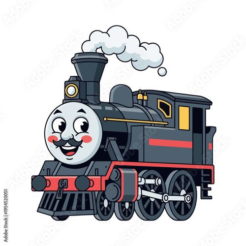 Charming Cartoon Steam Train with a Friendly Face and Mustache.