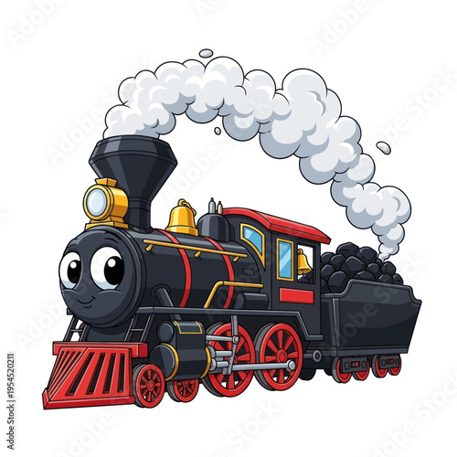 Cute Cartoon Steam Train with Big Eyes and Puffy Smoke.
