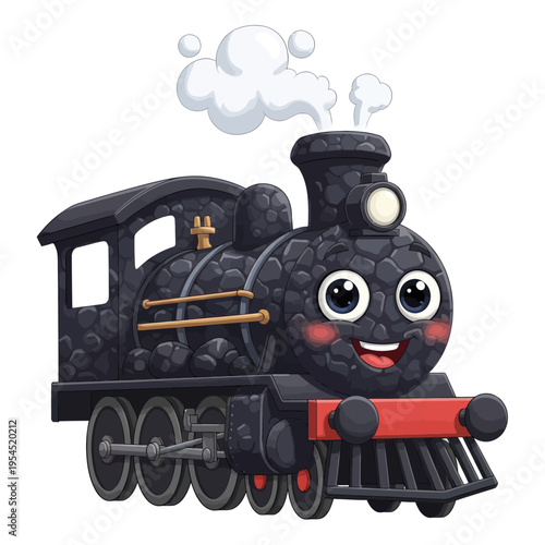 Cute cartoon steam train with a happy face and smoke.
