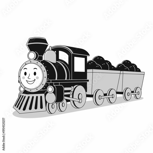 Cute Cartoon Steam Train with Coal Car Smiling Face Black and White Illustration.