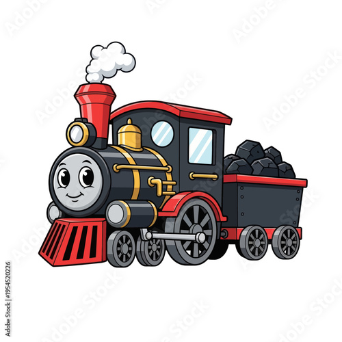 Cute Cartoon Steam Train with Coal Car Smiling Happily.